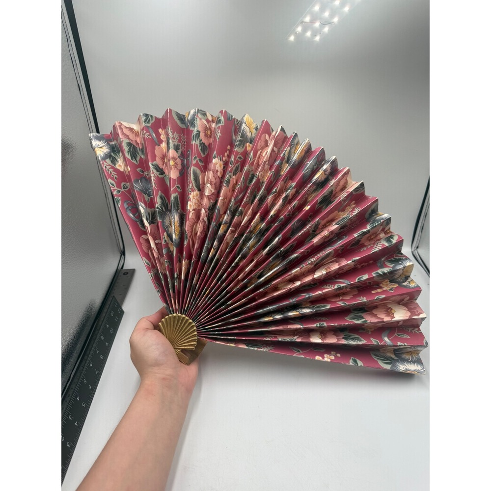 Vintage Floral Wall Fan Decor Pink Botanical Pleated Paper Brass Shell Base 12in